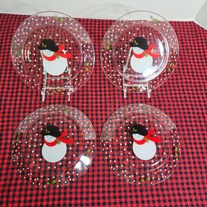 Vintage Set of 4 ARCOROC CHRISTMAS 7.75" SALAD DESSERT PLATES Clear w/Snowman